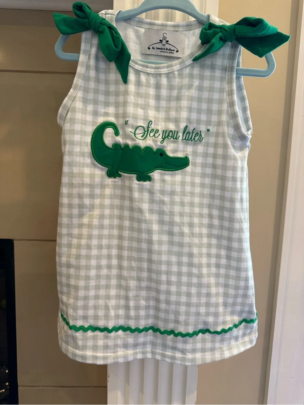 Green Gingham Alligator Tie-Shoulder Dress